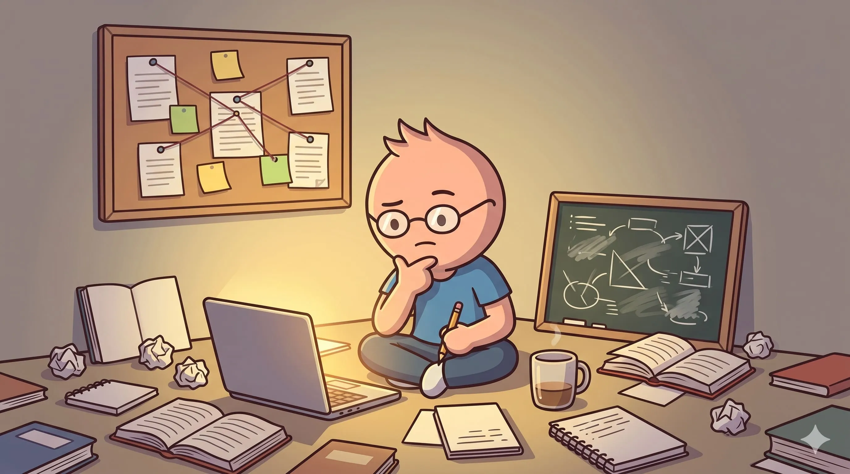 Ilustrasi seseorang berkacamata yang duduk di lantai di tengah ruangan penuh buku berserakan, kertas-kertas kusut, papan catatan penuh coretan, dan laptop yang menyala, dengan ekspresi lelah namun penuh tekad, menggambarkan perjalananpanjang penuh percobaan dan kegagalan dalam membangun kurikulum belajar yang bisa dipahami semua orang.