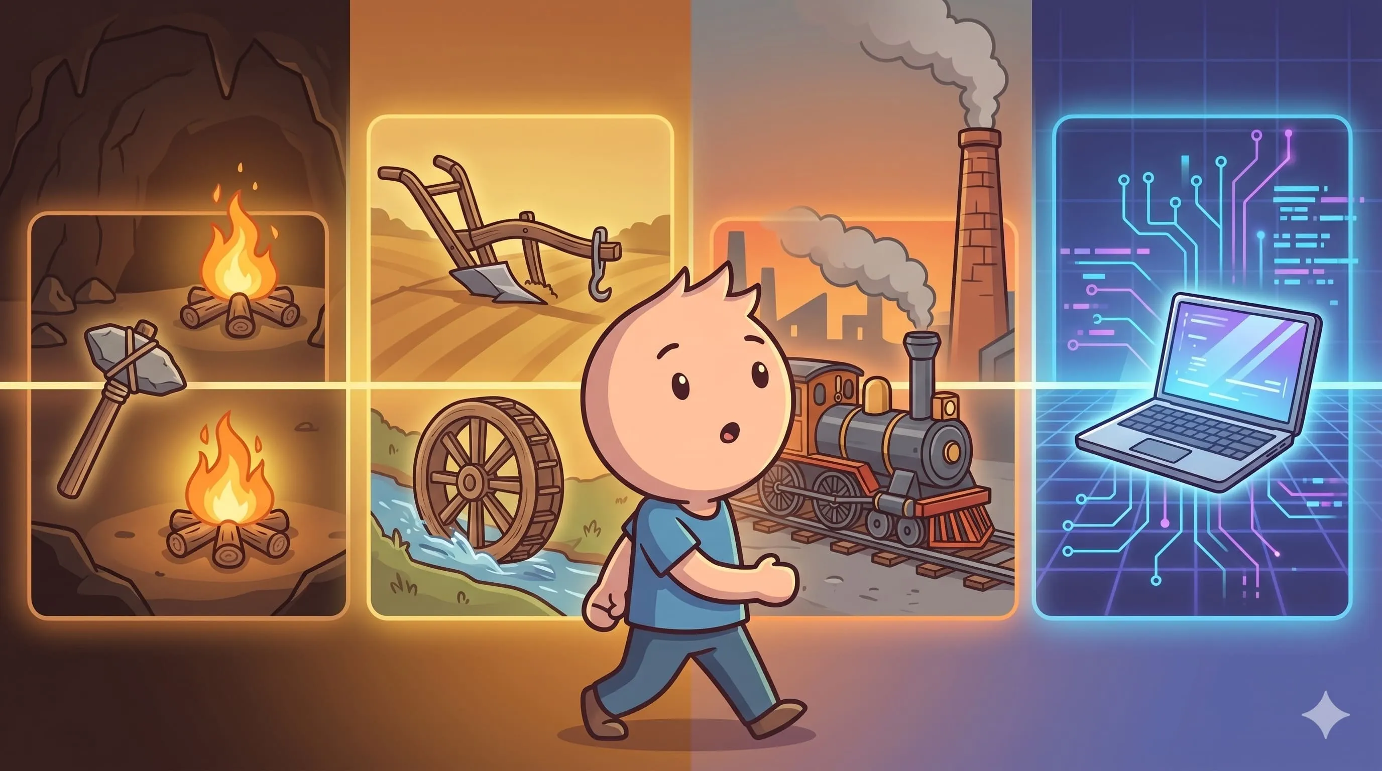 Ilustrasi seseorang yang berjalan melewati empat era teknologi dari zaman prasejarah dengan batu runcing dan api, era pertanian dengan bajak dan roda air, era industri dengan mesin uap, hingga era digital dengan laptop dan jaringan - menggambarkan perjalanan panjang teknologi yang terus berkembang sepanjang sejarah manusia.