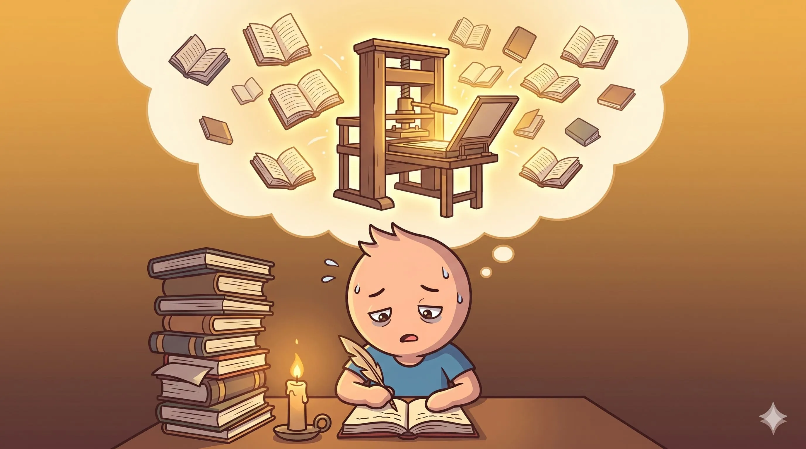 Ilustrasi seseorang yang kelelahan menyalin buku secara manual dengan pena bulu, dikelilingi tumpukan buku yang belum selesai, sambil membayangkan sebuah mesin cetak yang secara otomatis memperbanyak buku dalam jumlah besar, menggambarkan bagaimana rasa sakit dan keterbatasan manusia melahirkan ide-ide besar.