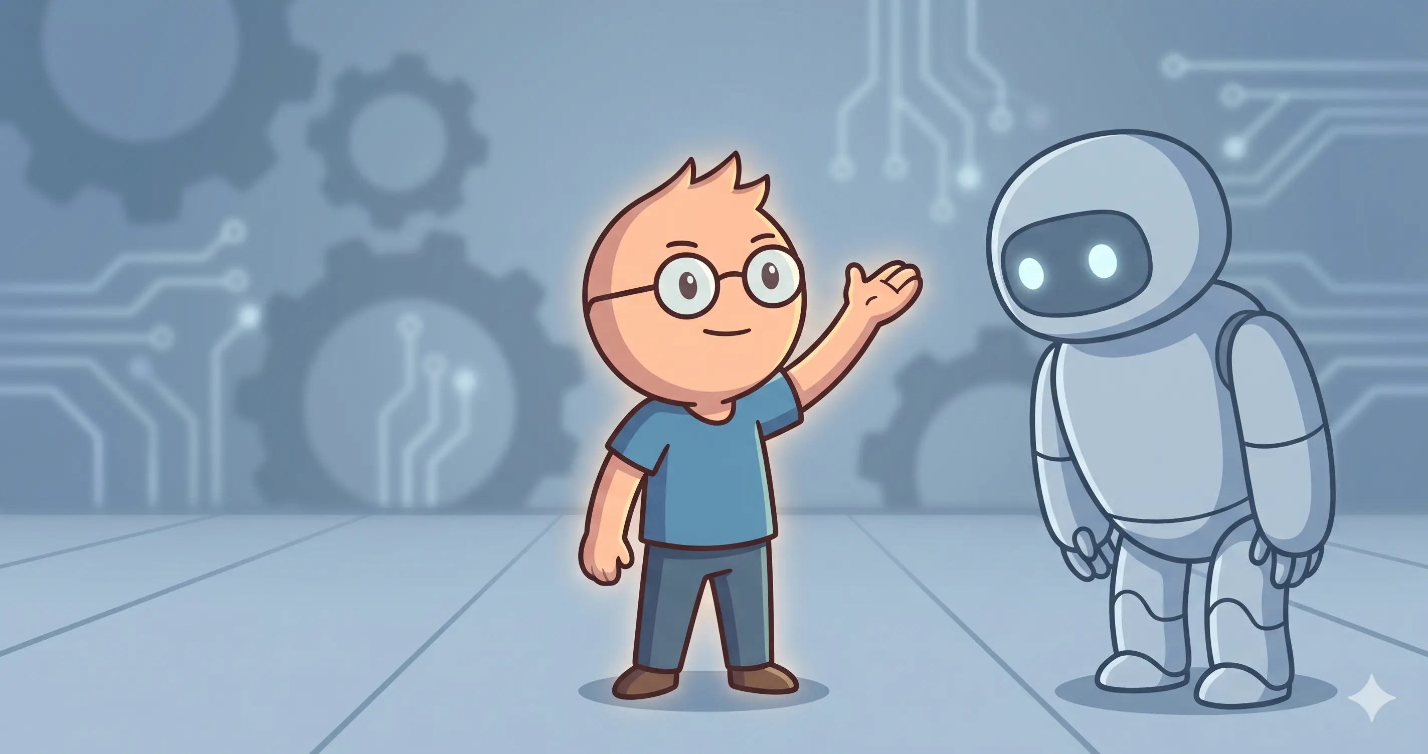Ilustrasi seseorang berkacamata yang berdiri tenang sambil mengarahkan sebuah robot besar yang menunduk patuh — menggambarkan bahwa di era kecerdasan buatan, manusia tetap memegang kendali.