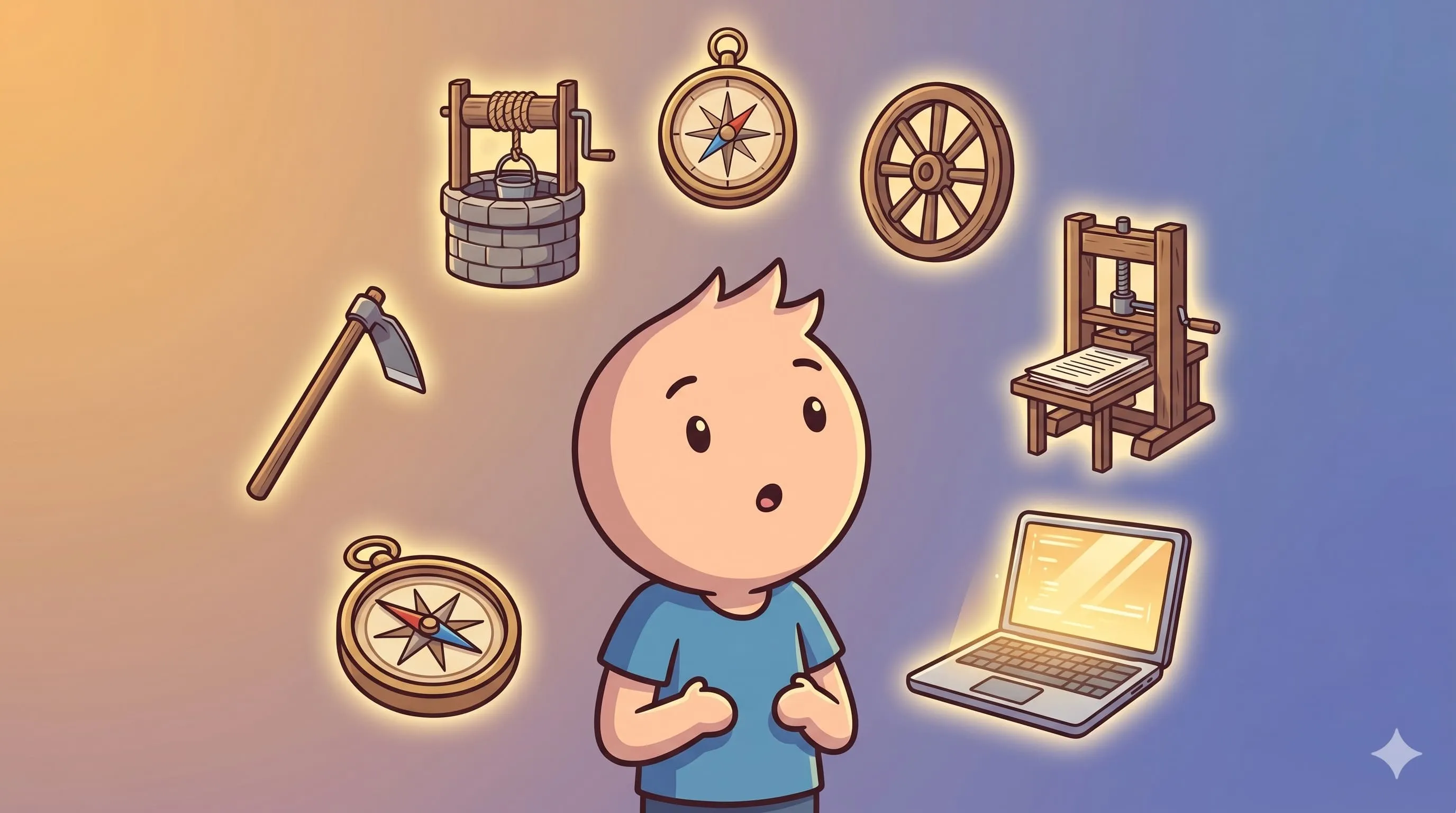 Ilustrasi seseorang dengan ekspresi takjub dan penasaran, dikelilingi oleh teknologi dari berbagai zaman menggambarkan bahwa teknologi telah hadir jauh sebelum era digital.