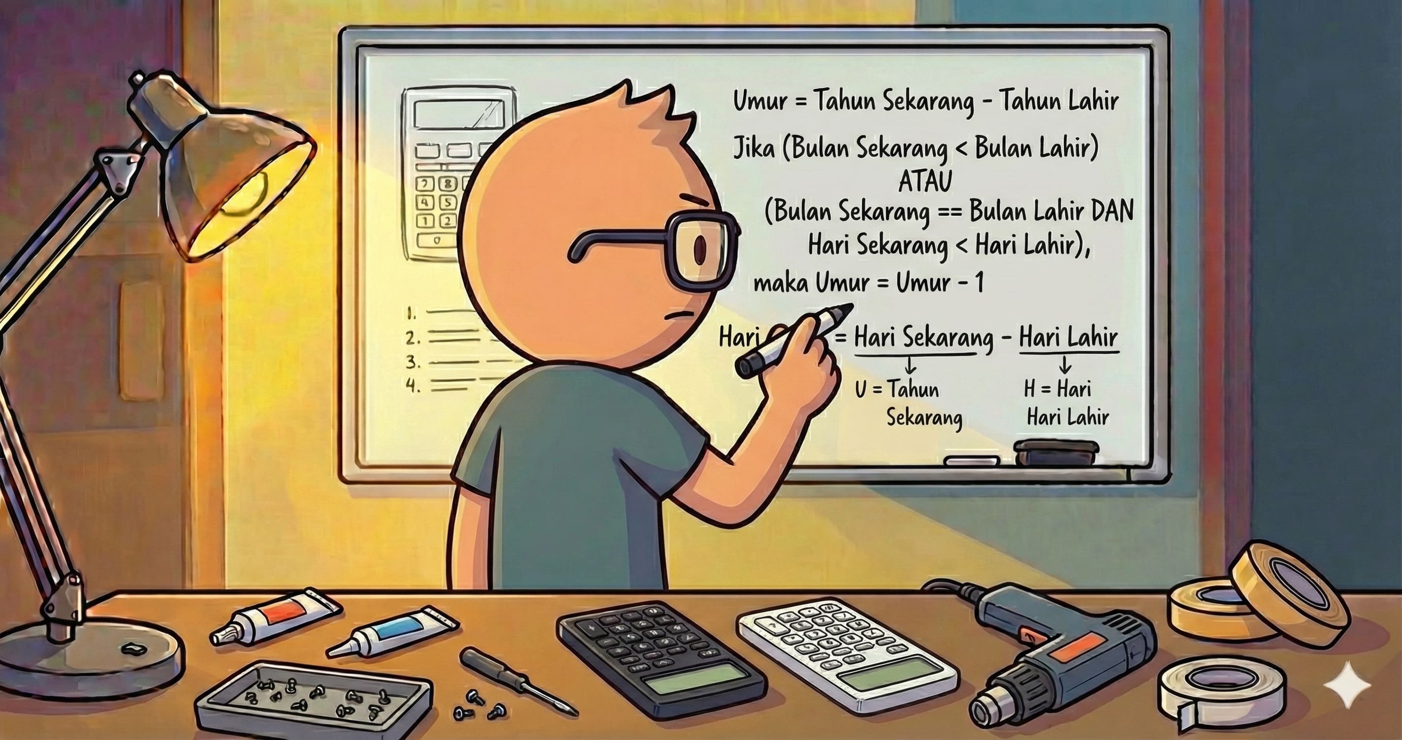 Ilustrasi seseorang sedang membuat rumus perhitungan kalkulator umur di papan tulis.