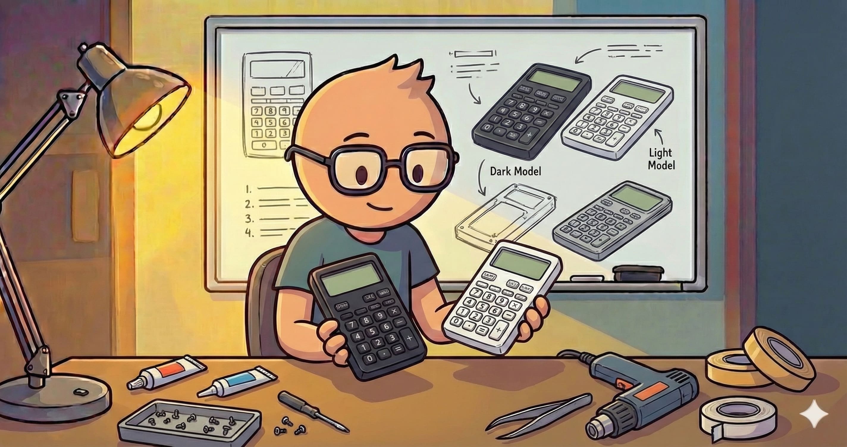 Ilustrasi seseorang sedang merancang tampilan gelap dan terang pada kalkulator di meja kerjanya.