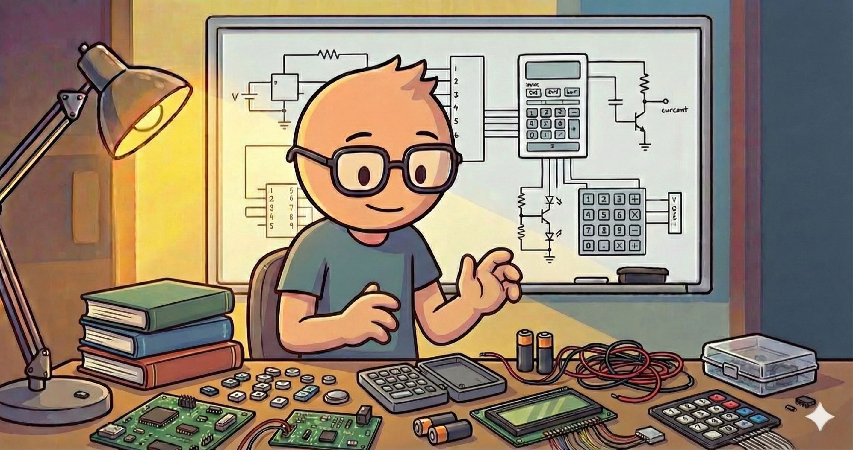 Ilustrasi seseorang sedang menyiapkan kebutuhkan untuk membuat kalkulator di meja kerjanya.