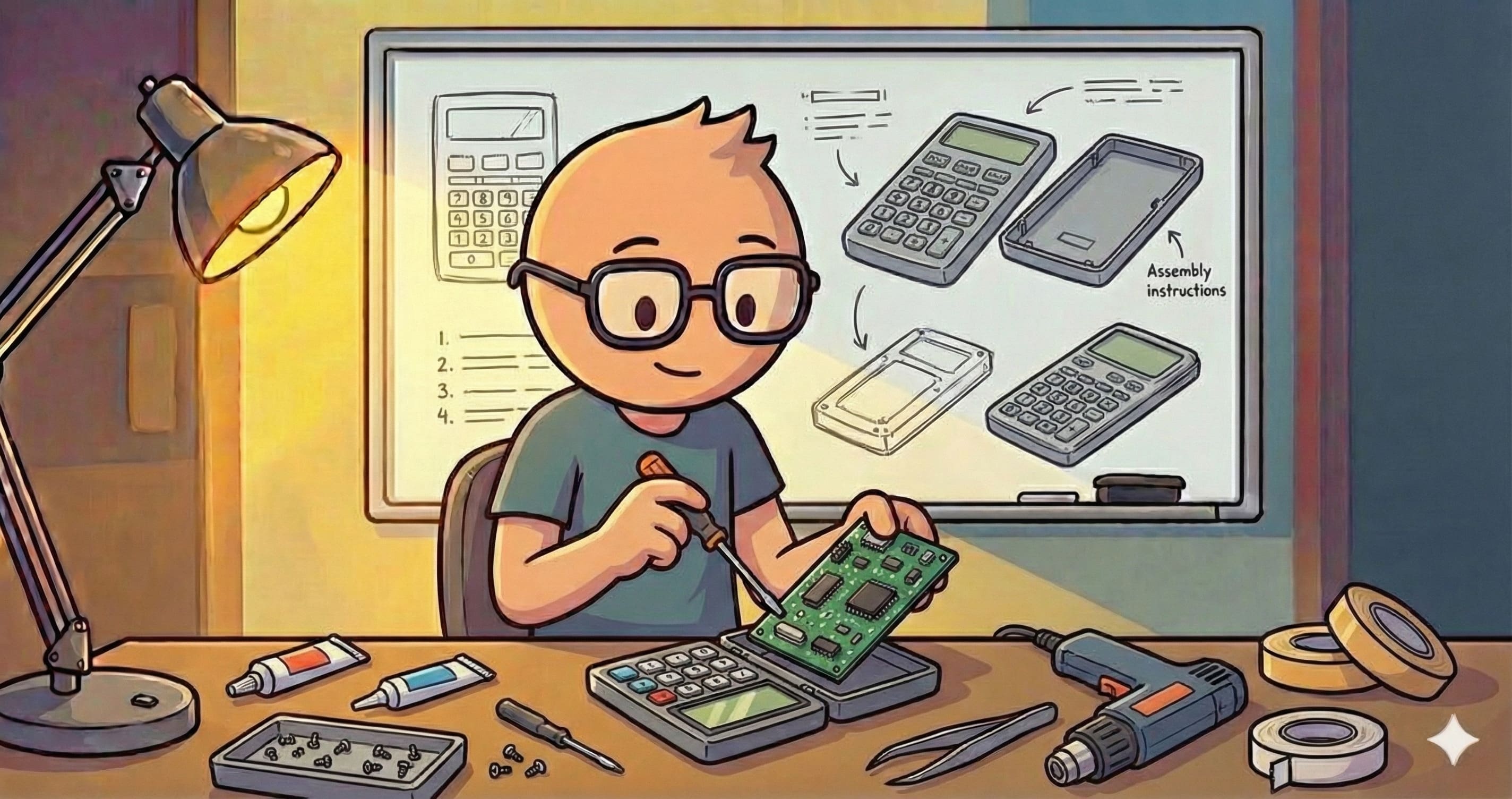 Ilustrasi seseorang sedang menyusun tampilan kalkulator di layar meja kerjanya.