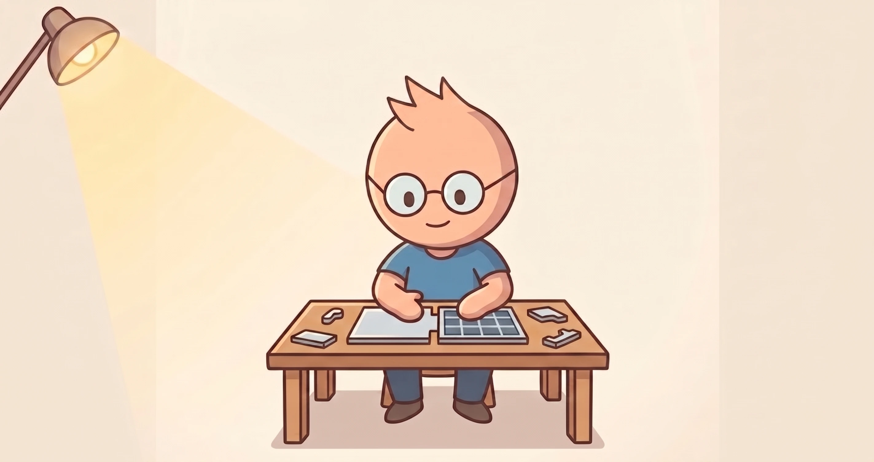 Ilustrasi seseorang yang dengan tenang merakit dua panel berbeda menjadi satu tampilan yang rapi di atas meja kerjanya.