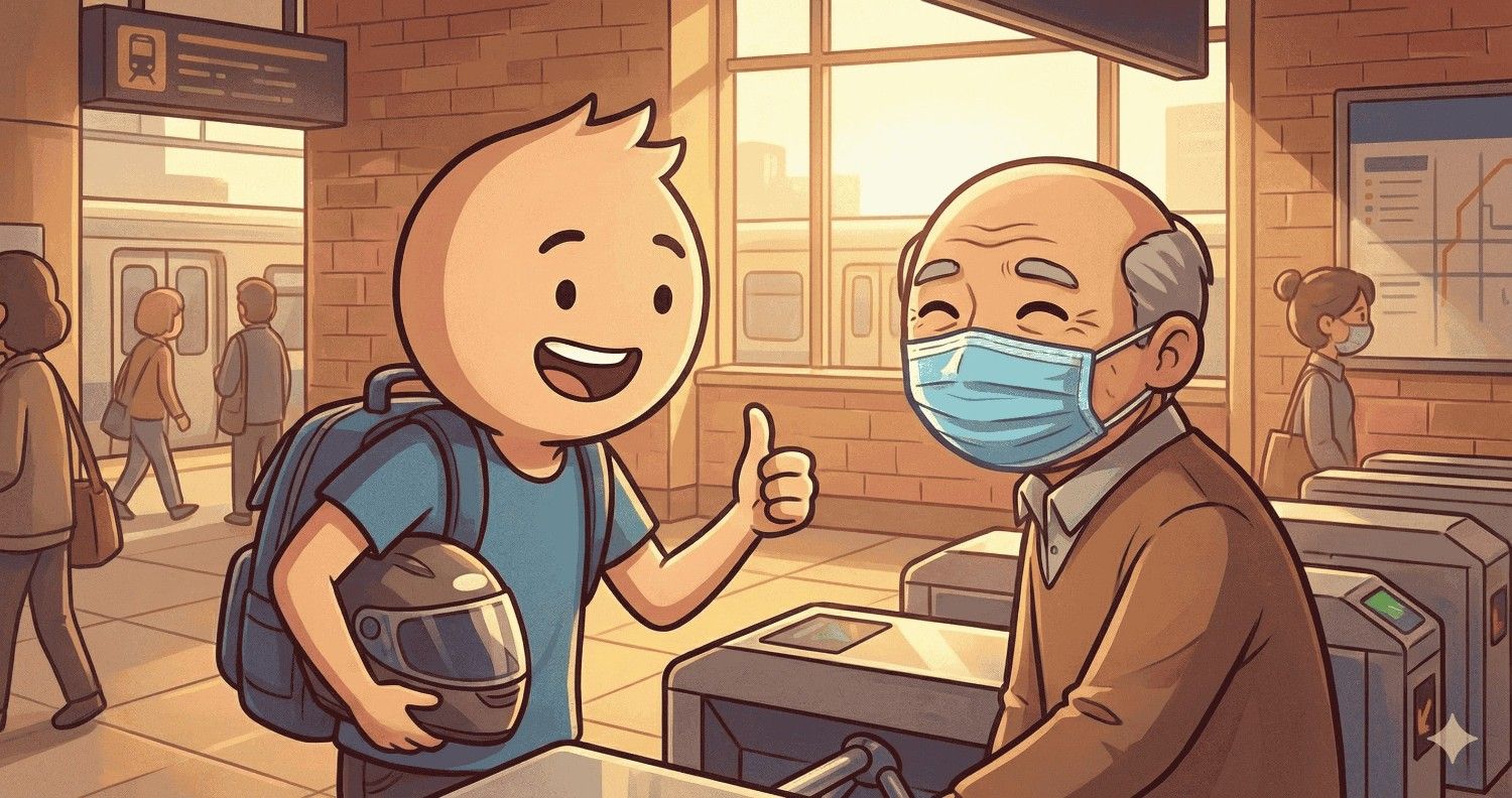 Interaksi ramah antara pemuda yang memegang helm dengan pria tua bermasker di area pintu masuk stasiun kereta api