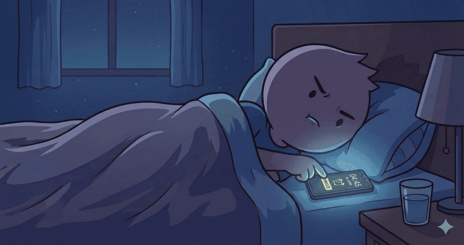 Ilustrasi seseorang sedang mematikan alarm di ponsel dengan ekspresi mengantuk di pagi hari