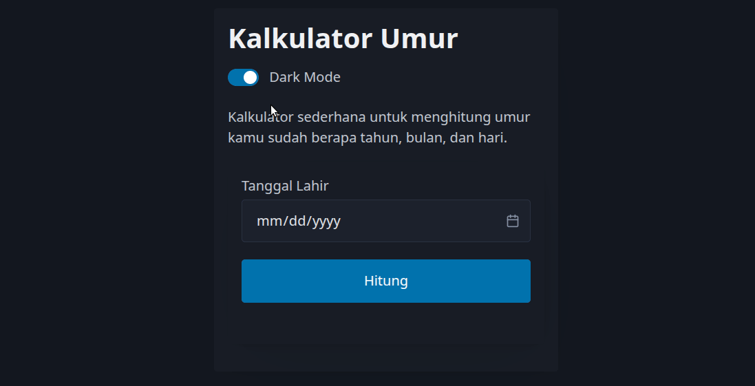 Tampilan Kalkulator Umur Mode Gelap & Terang